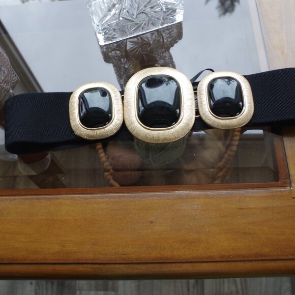 Big Zara Enamel Gold Tone Buckle Stretch Belt - Picture 4 of 7